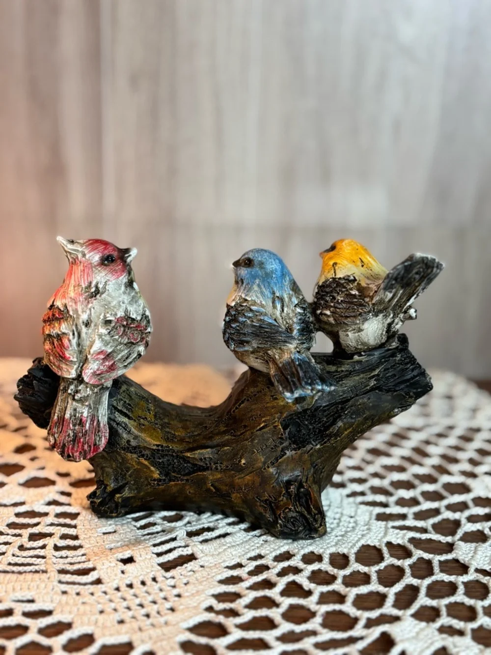 Hand-Painted Three-Bird Branch Figurine in Yellow, Blue & Red